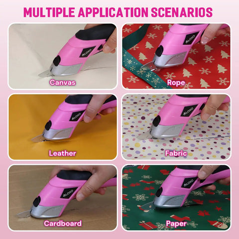Cordless Electric Scissors For Cardboard And Fabric With Two Blade Types, showing multiple applications like leather, fabric, and cardboard.