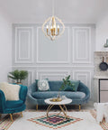 Modern Farmhouse 4 Light Wood Chandelier In Distressed White And Gold With Orb Globe Cage Pendant Lighting For Dining Room Kitchen Island And Foyer For Any Space in stylish living room setting.