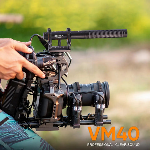VM40 Your Go-To Dual-Mode Shotgun Microphone with wired and wireless modes mounted on a DSLR camera for professional use.