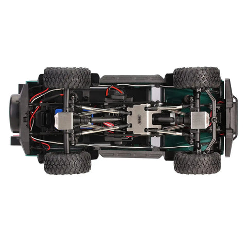 Underside view of RC car with 14g Stainless Steel Skid Plate Chassis Armor And Axle Protector For TRX4M 1x18 RC Crawler Upgrade