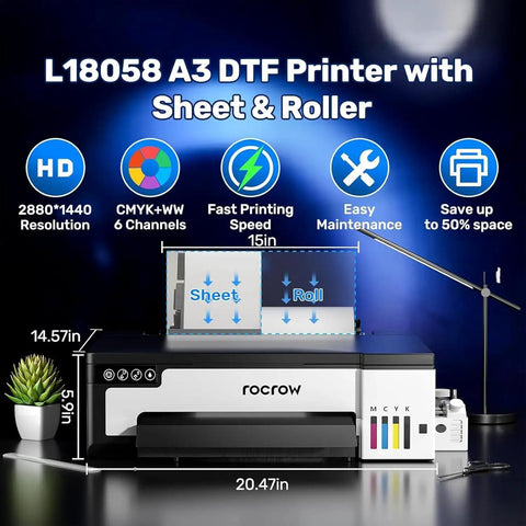 A3 DTF Printer With Fast XP600 Printhead Featuring Integrated Powder Shaker Quick Dryer For Apparel Transfer Machine on table, showing sheet and roll mode.