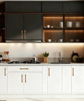 10 Pack 5 Inch Cabinet Pulls In Wood And Gold Finish installed on white kitchen cabinets, modern kitchen view