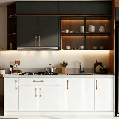 10 Pack 5 Inch Cabinet Pulls In Wood And Gold Finish installed on white kitchen cabinets, modern kitchen view