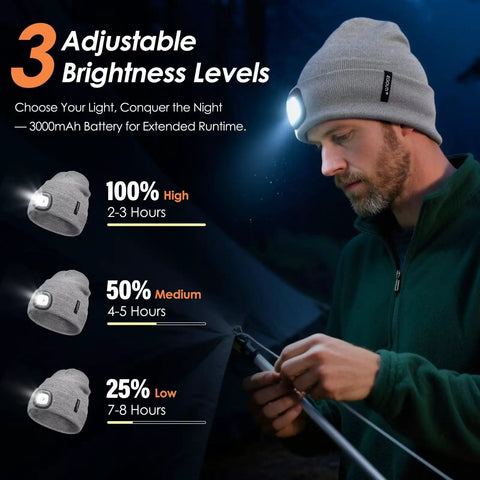 Man wearing LED Beanie With Built-In USB Rechargeable Light For Men And Women, adjusting tent with visible brightness levels