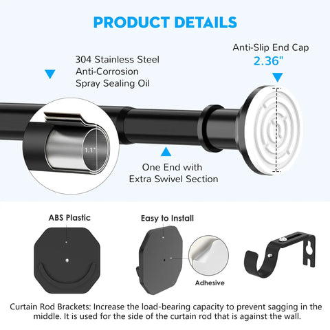 Heavy Duty Tension Curtain Rod No Drill Quick Install For Patio Shower And Windows 1.1 Inch Diameter Thick Spring No Rust Adjustable 43 To 131 Inches