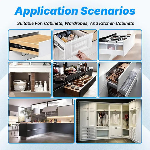 Application scenarios for 1 Inch Overlay Soft Close Concealed Cabinet Hinge With Screws, Heavy Duty 3D Alignment in various storage settings.