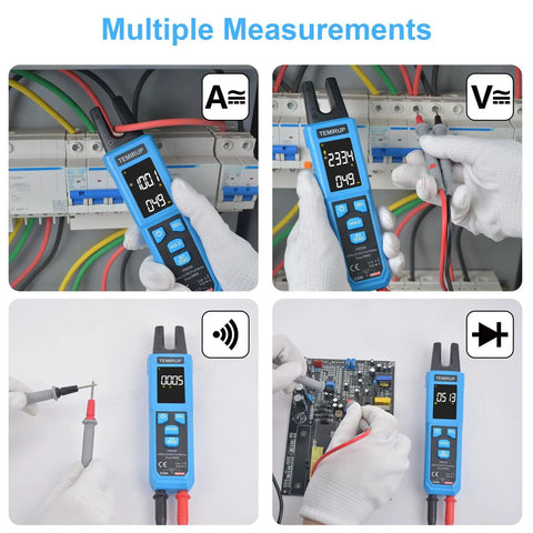 Technician using Digital Clamp Meter With U Shaped Jaw For AC And DC Current And Voltage Auto Range 4000 Counts Large Backlit LCD Tester