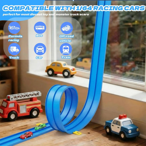 Flexible Kids Race Track, Fifteen Foot Roll Up Two Lane Car Track With Strong Suction Cups And Diecast Cars In One Sixty Four Scale shown attached to window with red and blue cars.