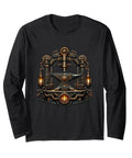 Chill Industrial Steampunk Long Sleeve Tee Featuring Anvil Gears, Blacksmith Workshop Machinery Vibe For Classic Fit Makers And Father's Day Gifts in black.