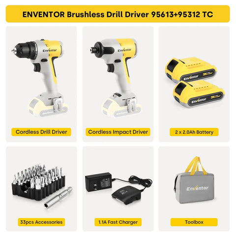 Cordless Drill Combo Kit With 20V Brushless Drill Driver And Impact Driver, LED, 2 Lithium Ion Batteries, 33 Accessories, Carry Bag