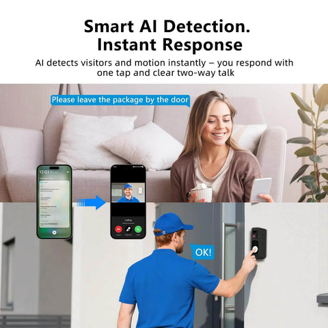 Wireless Video Doorbell Camera With AI Detection showcasing real-time alerts and two-way talk with delivery person.