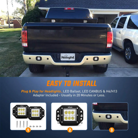 Two Pack 18W Flood LED Work Lights With Wide Beam Flush Mount Off Road Driving Light Bar installed on truck bumper