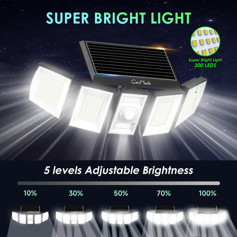 Solar Outdoor Flood Lights With Motion Sensor And Dusk To Dawn Waterproof 300 LED Spotlights with brightness levels chart