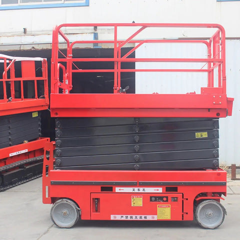 Heavy Duty Electric Hydraulic Lift Platform For Warehouse Vertical Cargo Transfer And Seamless Operation Engineered For Logistics Facilities With Rock Solid High Reach Equipment Handling Built Tough For Daily Grind in red color with adjustable height.