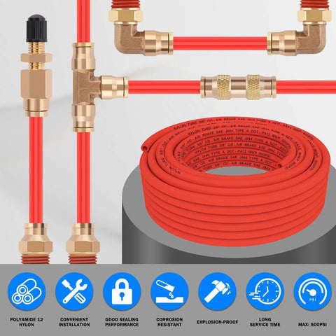 DOT Certified PA12 Nylon Red Air Hose Three Eighths Inch Pneumatic Tubing 100 Ft Truckers Grade with brass fittings