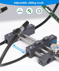 Close-up of Pro Grade Four Arm Adjustable Soldering Helping Hands with flexible gooseneck arms holding a PCB on sliding track