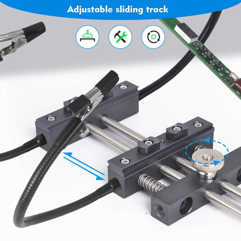 Close-up of Pro Grade Four Arm Adjustable Soldering Helping Hands with flexible gooseneck arms holding a PCB on sliding track