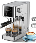 Rock Solid 20 Bar Espresso Maker Stainless Steel Chassis with two espresso shots pouring and latte art on a blue cup.