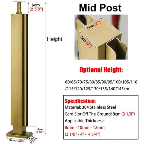 Rock Solid Weatherproof Glass Railing Posts For Decks Patios Stairs Sleek Silver Balustrade Brackets mid post 304 stainless steel, 28cm tall