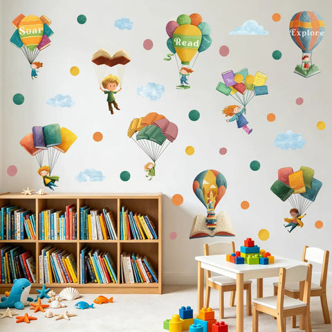 Colorful Hot Air Balloon Wall Decal Set For Classrooms And Playrooms With Flying Book Quote Stickers Kid Friendly Vinyl Students Soar In Books
