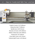 Hardcore Mini Metal Lathe 7x12 Inch Benchtop Workhorse with 600 Watt DC Motor, showcasing dimensions and features.
