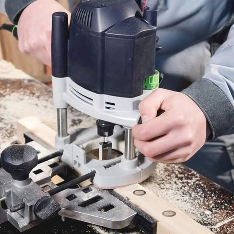 Using the Top Tier Half Inch Shank Carbon Steel Wood Dowel Plug Cutter on wood for precise pocket hole plugs.