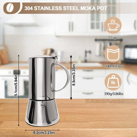 Uncoated 2 Cup Moka Pot Thick 304 Stainless Steel Stovetop Espresso Coffeemaker For Home Travel Camping Brews Like A Pro