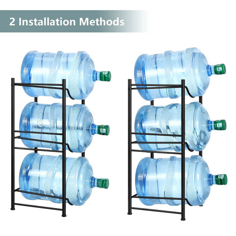 Two installation methods of Three Tier Water Jug Rack For Five Gallon Bottles Detachable Bottle Holder Organizer Space Saving