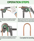 Heavy Duty Three In One Tubing Bender For HVAC Techs shown in operation steps for bending 1/4, 3/8, and 1/2 inch pipes.