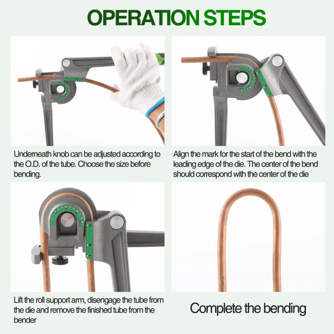 Heavy Duty Three In One Tubing Bender For HVAC Techs shown in operation steps for bending 1/4, 3/8, and 1/2 inch pipes.