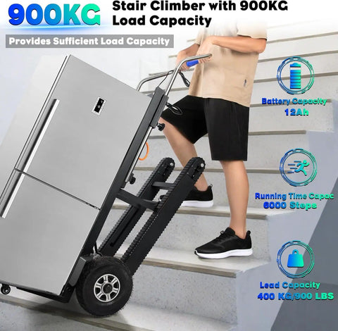 Ralozzd 1250W Electric Stair Climbing Dolly With 900 Lbs Max Load, Folding Aluminum Hand Truck climbing stairs with a refrigerator.