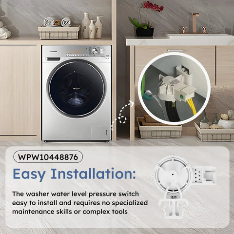 Washer Water Level Pressure Switch Replacement For Home Laundry, installed next to modern washing machine in kitchen scene