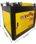No Sweat 4000W Electric Rebar Bender Machine For Shaping 6 To 50 Mm Bars Built Damn Tough For Rough Crew Jobsites angled view showing control panel and dimensions.