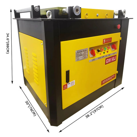No Sweat 4000W Electric Rebar Bender Machine For Shaping 6 To 50 Mm Bars Built Damn Tough For Rough Crew Jobsites angled view showing control panel and dimensions.