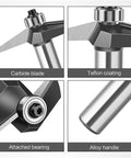 Close-up of Heavy Duty Pro Grade 15 Degree Chamfer Router Bit For Woodworking Built Like A Tank with carbide blade and Teflon coating.
