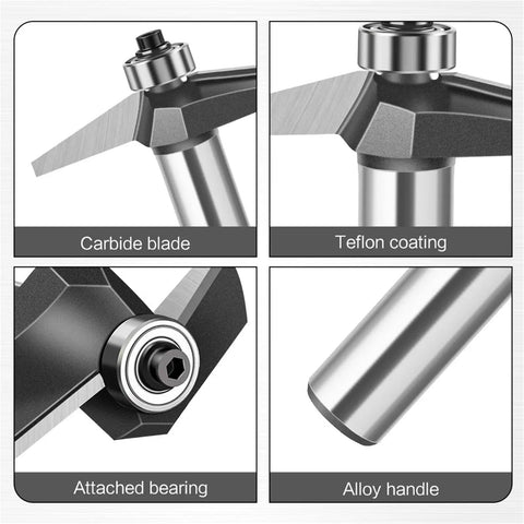 Close-up of Heavy Duty Pro Grade 15 Degree Chamfer Router Bit For Woodworking Built Like A Tank with carbide blade and Teflon coating.