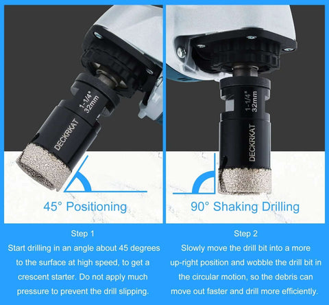 Two diamond core drill bits, 1-1/4in (32mm), vacuum brazed for granite/quartz tile with 5/8-11 thread and 3/8in hex shank