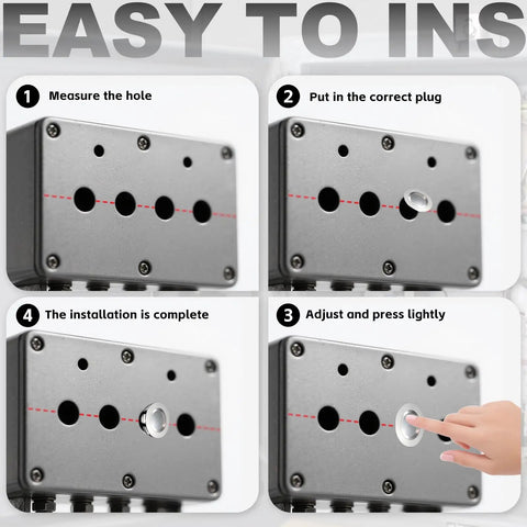 Installation steps for 50 Pack Slick Heavy Duty Knockout Seals in a junction box, showcasing easy plug insertion process.