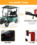 Sick Double Seat Electric Golf Cart Cruises Smooth Over Rough Terrain With Heavy Duty Independent Suspension And A Raw 800 Watt Motor Hitting 20 Mph Perfect For Country Roads Beach Shacks Hunting Plots And Country Ranches In Matte Green with dimensions and features highlighted.