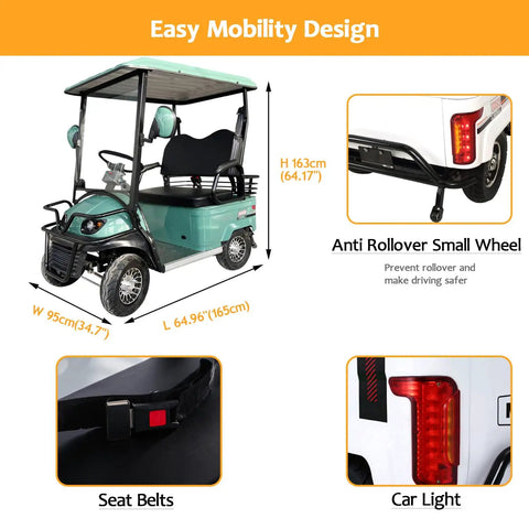 Sick Double Seat Electric Golf Cart Cruises Smooth Over Rough Terrain With Heavy Duty Independent Suspension And A Raw 800 Watt Motor Hitting 20 Mph Perfect For Country Roads Beach Shacks Hunting Plots And Country Ranches In Matte Green with dimensions and features highlighted.