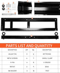 Components of Beefy Heavy Duty Motorcycle Wheel Chock Stand With 1800 Lb Capacity, including screws, clamps, and rods.