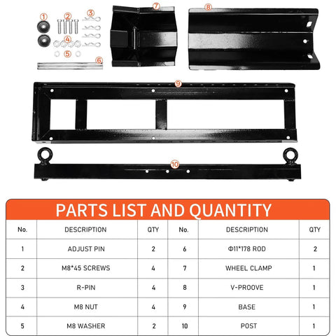 Components of Beefy Heavy Duty Motorcycle Wheel Chock Stand With 1800 Lb Capacity, including screws, clamps, and rods.