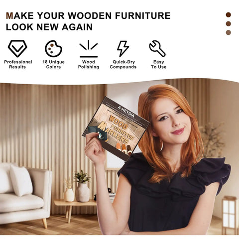 Dope Wood Scratch Repair Kit With 18 Sweet Colors And Beeswax featured by a smiling person holding the product in a stylish room.