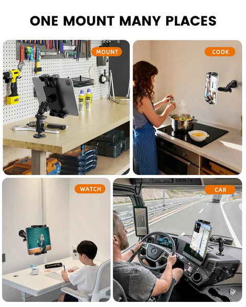 Heavy Duty Drill Base Tablet Mount Built Like A Tank Truck Dashboard Holder for versatile use in home, kitchen, and vehicle.