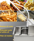 Commercial 550W Stainless Steel Mobile Deep Fryer Oil Filter Cart With Separator For Busy Restaurants with fries and cooking oil.