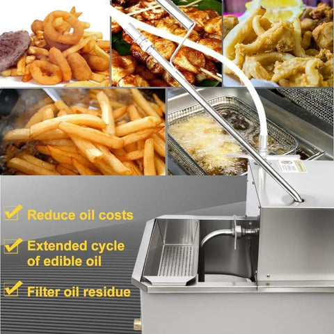 Heavy Duty Stainless Steel Deep Fryer Oil Filter Cart Top Shelf with food items and filtering process for busy restaurants.