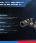 Impact Socket Adapter Set For Quarter Inch Three Eighths Inch Half Inch CrV Steel Locking Reducers with descriptions on durability.