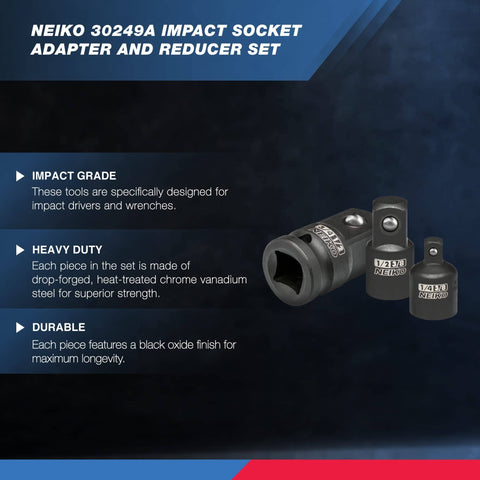 Impact Socket Adapter Set For Quarter Inch Three Eighths Inch Half Inch CrV Steel Locking Reducers with descriptions on durability.