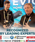 Two experts discussing EV chargers at an industry event, with logos of Electric Cars Report and other publications.
