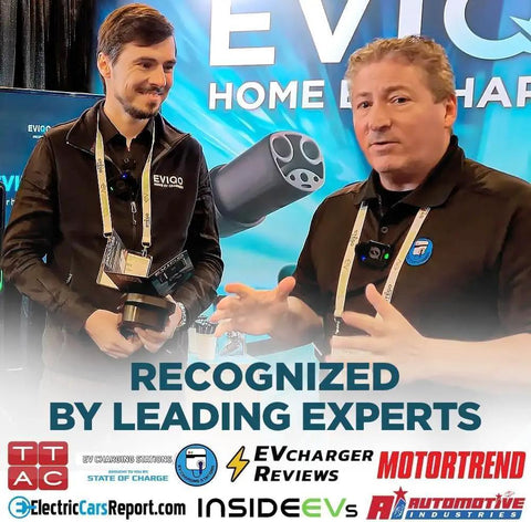 Two experts discussing EV chargers at an industry event, with logos of Electric Cars Report and other publications.